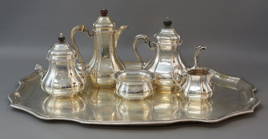 6 pc French silver tea set, mark of A Aucoc, Paris: 6 pc French silver tea set, bearing mark of A Aucoc, Paris, late 19th c, c/o 2 tea pots, creamer, sugar, waste bowl, and a tray, bearing lozenge mark and Minerva head, 260 TO