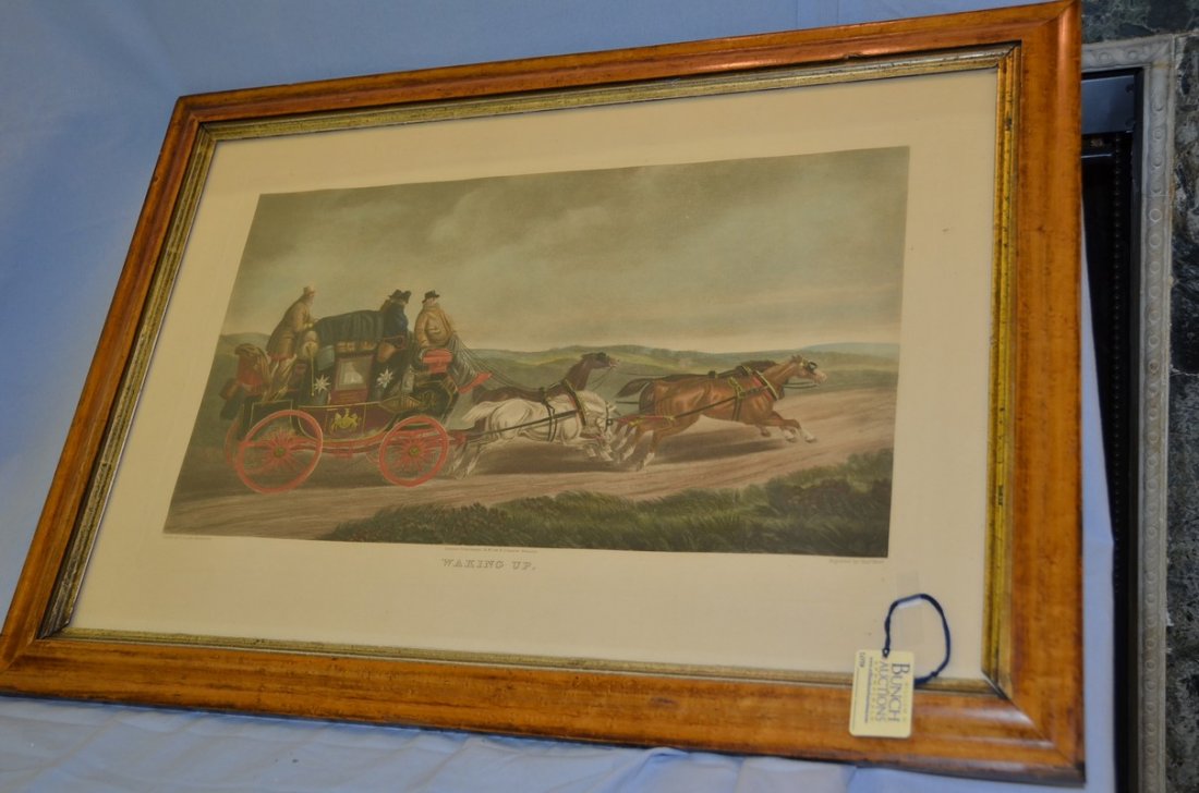 Coaching print after C Cooper Henderson, "Waking Up",: Coaching print after C Cooper Henderson, "Waking Up", engraved by Charles Hunt, published in London, 1843 by Dodson, in a maple frame, 20" x 28".