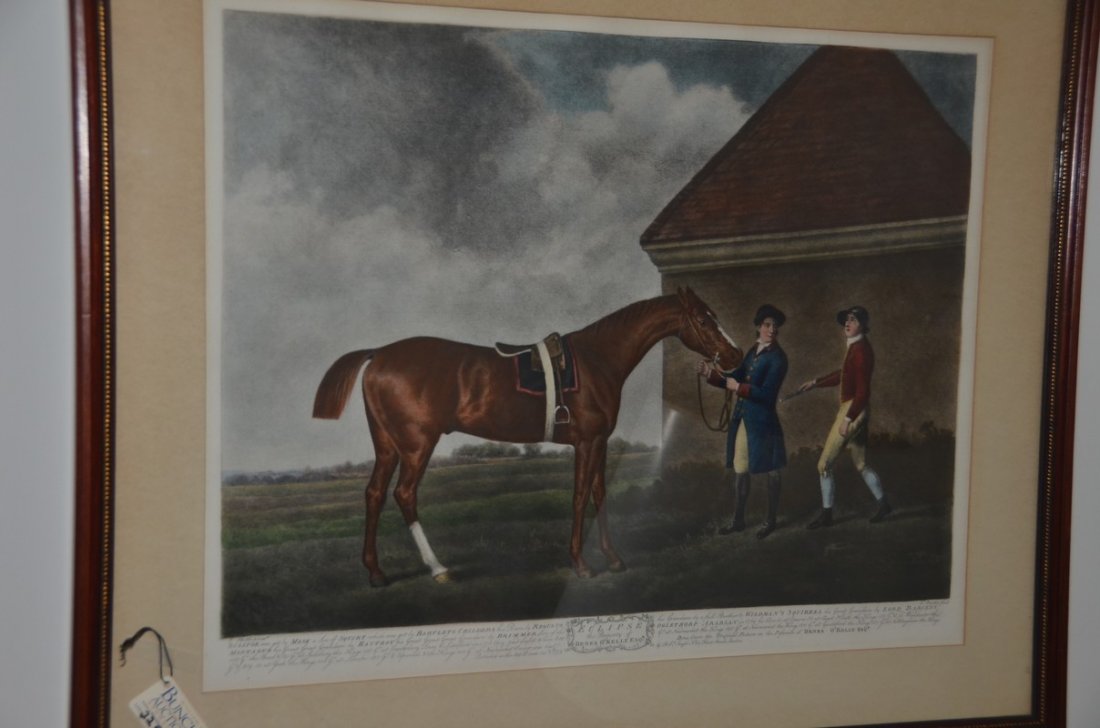 After George Stubbs, colored engraving of racehorse: After George Stubbs, colored engraving of racehorse Eclipse, property of Dennis O'Kelley Esq, engraved by T Burke, published 1773 by Robert Sayer, 16" x 22"