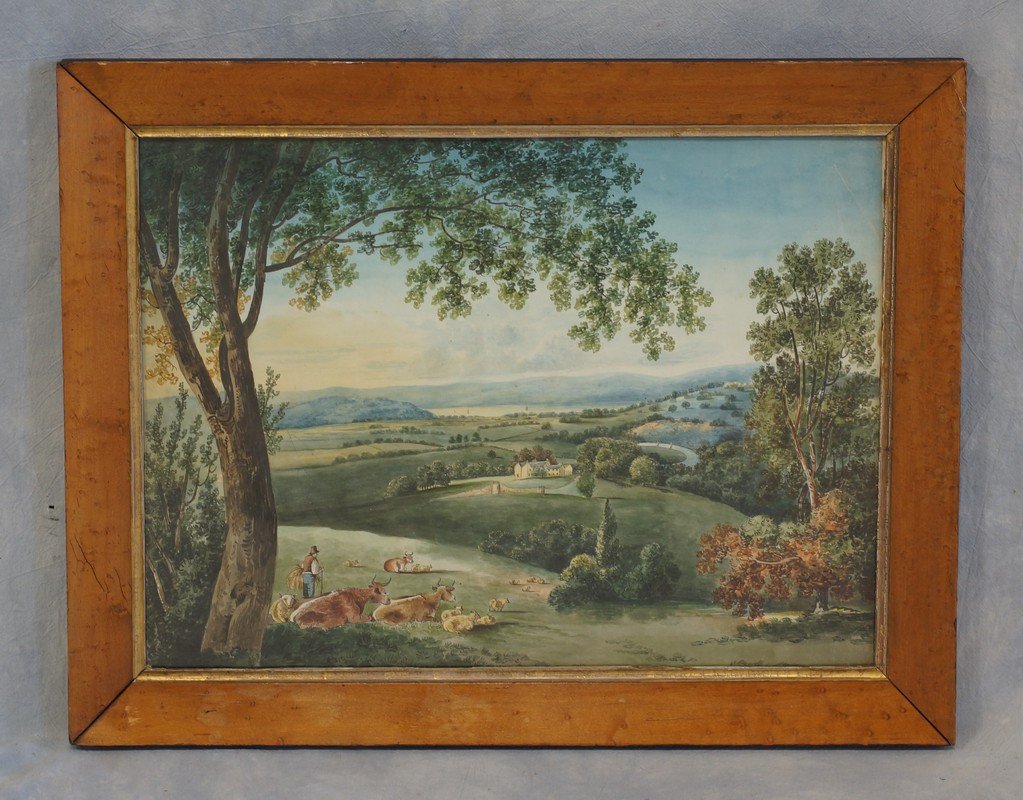 19th c School, w/c, naïve landscape with cattle and: 19th c School, w/c, naïve landscape with cattle and farmer overloking river valley, 14" x 19" sight size, in a nice birdseye maple frame