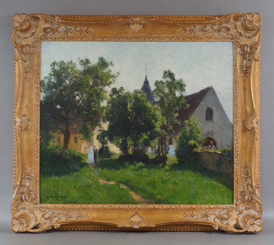 Maurice Moisset, French, 1860-1946, o/c, Nuns in a: Maurice Moisset, French, 1860-1946, o/c, Nuns in a Church Garden, 18" x 22"