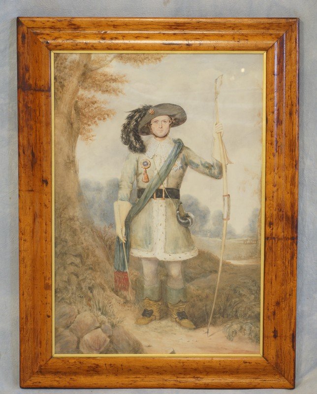 J F Sharpe, UK, fl 1830-1850, w/c, A New Forest Archer,: J F Sharpe, UK, fl 1830-1850, w/c, A New Forest Archer, 1849, signed and dated lower left, 22" x 15" sight size, in a fine birdseye maple frame