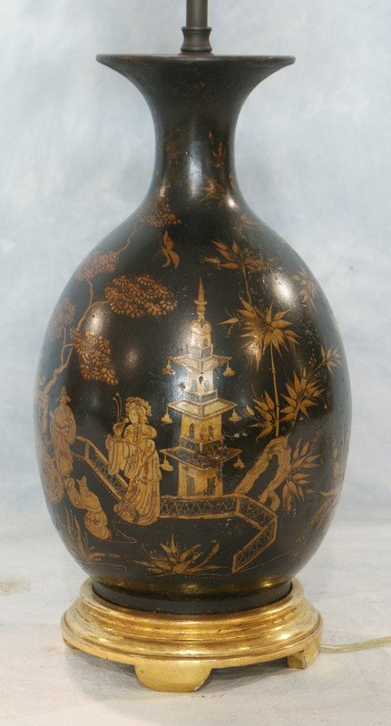 Lacquer decorated Asian ceramic vase converted to lamp,: Lacquer decorated Asian ceramic vase converted to lamp, 24 1/2" h overall, probably filled with sand