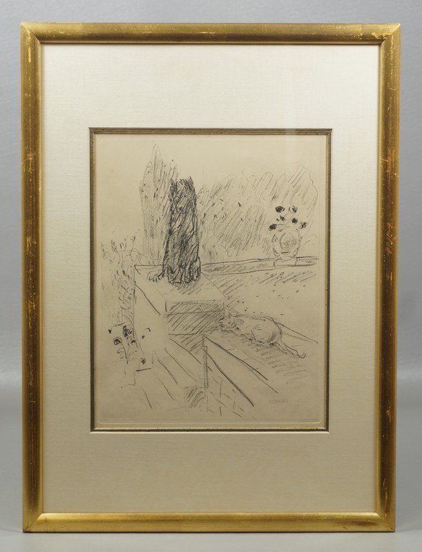 Pierre Bonnard, French, 1867-1947, Chat et Chien` 1924,: Pierre Bonnard, French, 1867-1947, Chat et Chien` 1924, edition of 370. From the book by Octave Mirbeau with 55 etchings. Signed in playe, measures, 10 3/4" x 8 1/4"