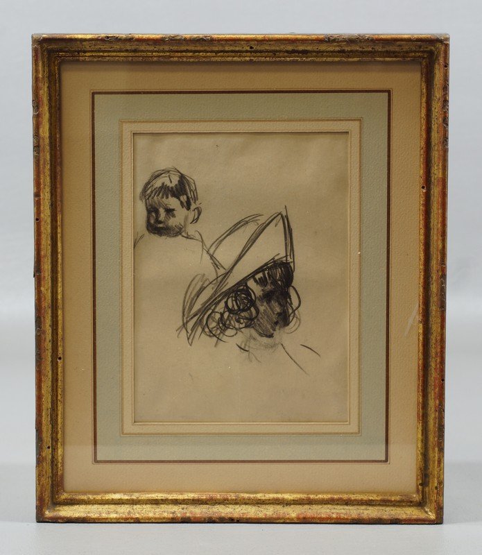 Attr to George Luks, American, 1867-1933, Charcoal, 6": Attr to George Luks, American, 1867-1933, Charcoal, 6" x 4 3/4", 2 Heads, Washington Irving Gallery label verso, Lucille and Walter Fillin label verso, Sotheby's lot tag verso, 1991