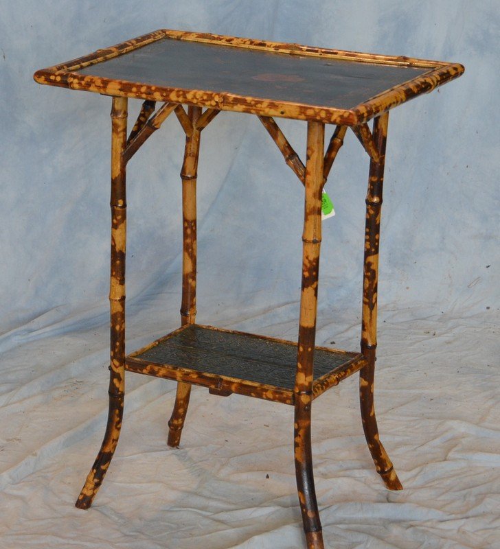 Bamboo lamp table with lacquer decorated top, 22" x 16": Bamboo lamp table with lacquer decorated top, 22" x 16" , 30" h