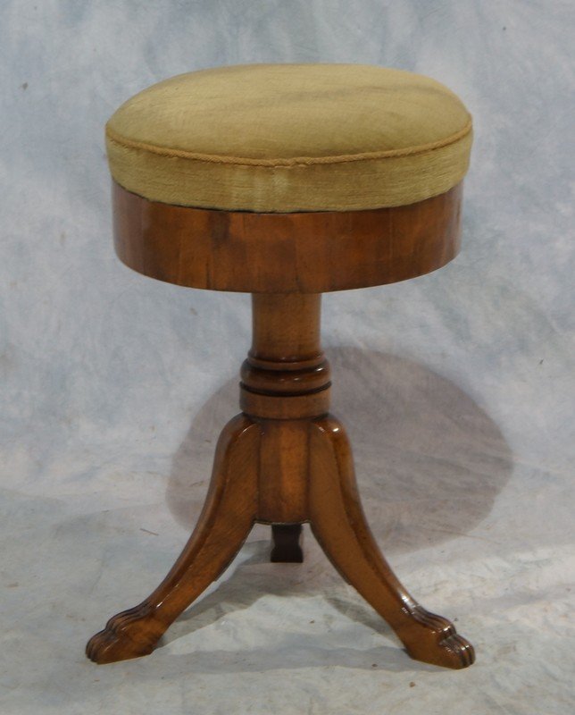 Biedermeier fruitwood round stool, cabriole legs, with: Biedermeier fruitwood round stool, cabriole legs, with paw feet, 14" d, 19" h, 19th c