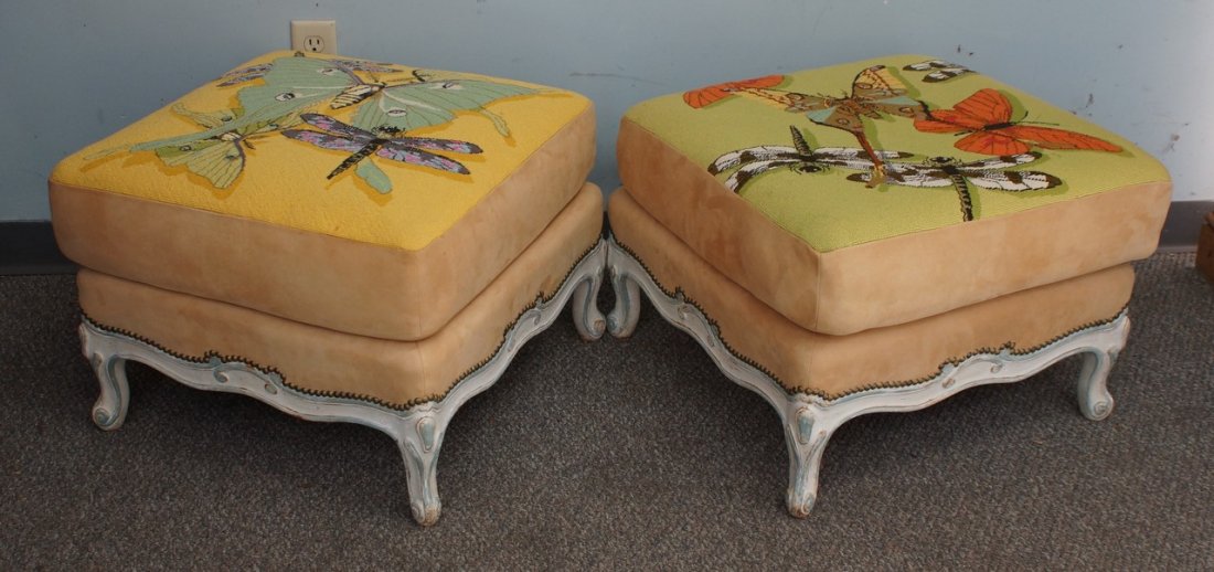 Pr square butterfly pattern needlepoint footstools,: Pr square butterfly pattern needlepoint footstools, removable cushions, 24" sq, 16" h