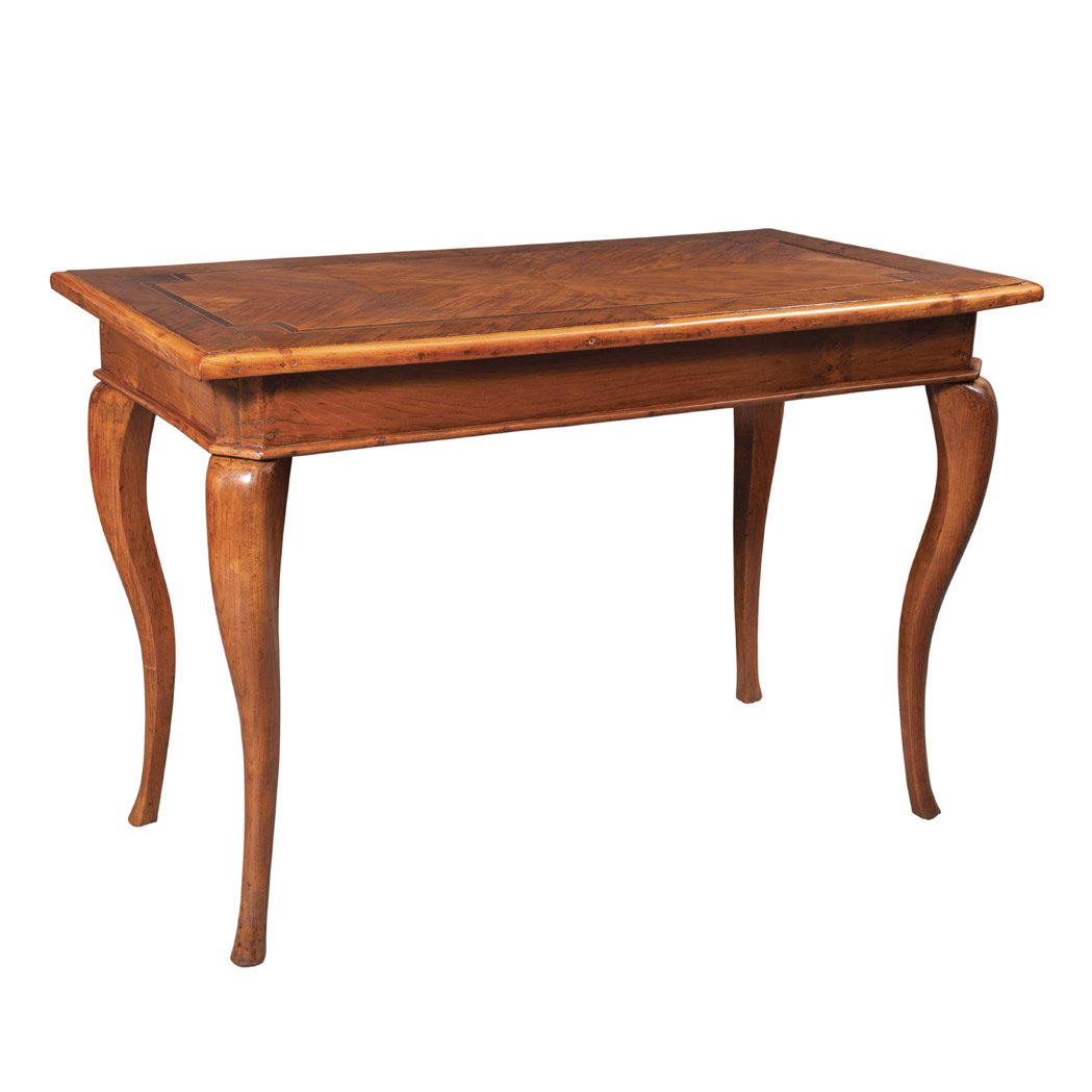 Continental Rococo Rosewood Banded Olivewood and Walnut: Continental Rococo Rosewood Banded Olivewood and Walnut Table, rectangular quarter veneered top raised on cabriole legs. 29 1/2" h, 43" w, 22 1/4" d