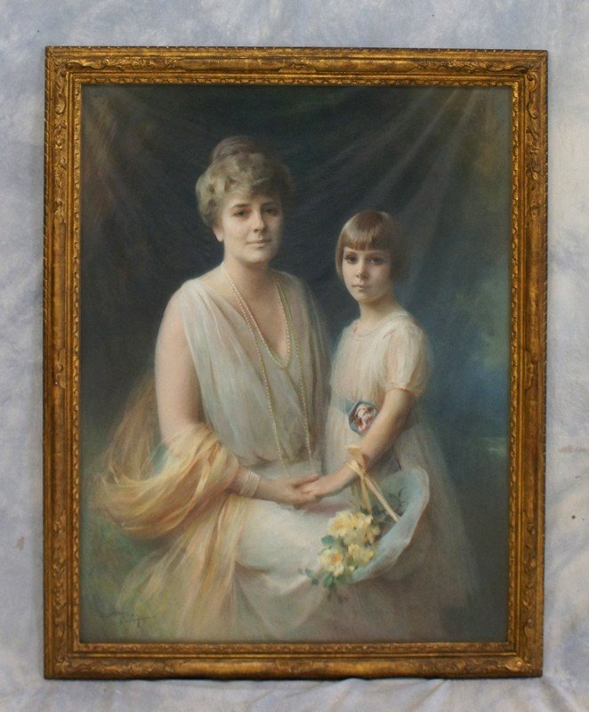 A Hoey, Early 20th c, pastel on canvas, a portrait of a: A Hoey, Early 20th c, pastel on canvas, a portrait of a woman and a young girl, good original frame, 47" x 37"