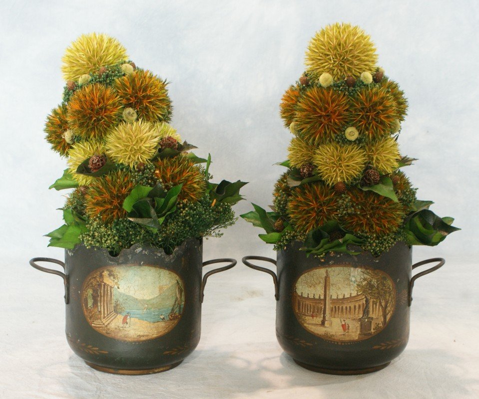 Pr 19th c tole cachepot with topographic decoration, ab: Pr 19th c tole cachepot with topographic decoration, about 7" high plus modern artifical shrub