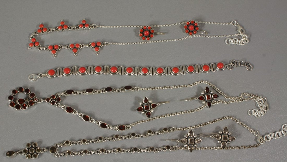 3 sterling necklace/earring sets, 1 w bracelet, stones,: 3 sterling necklace/earring sets, 1 w bracelet, stones, 3.56 TO