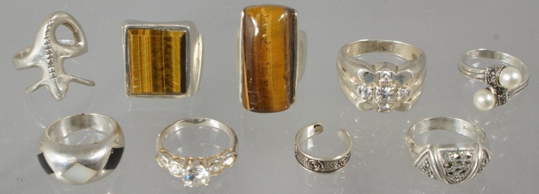 9 sterling silver rings, banded agate and other stones,: 9 sterling silver rings, banded agate and other stones, 2.7 TO