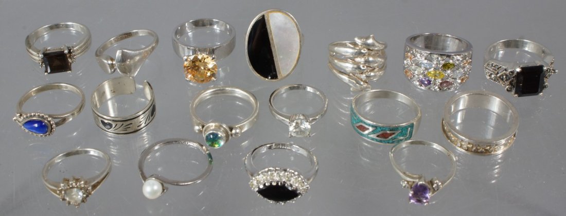 17 sterling silver rings, most with stones, 2.35 TO: 17 sterling silver rings, most with stones, 2.35 TO