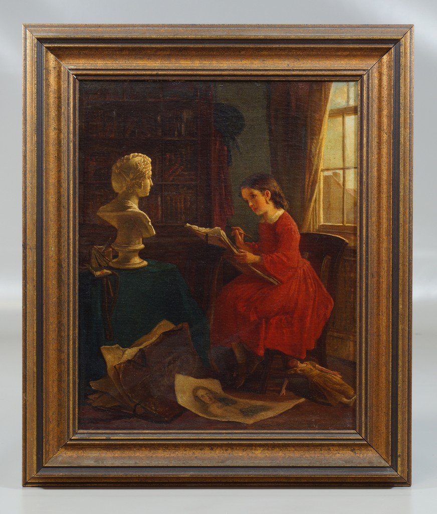 Christian Schussele, American, France/PA, 1824-1879,: Christian Schussele, American, France/PA, 1824-1879, o/c, Young Girl in Parlor Sketching a Bust, 14 1/4" x 11 1/2" , no damage or condition issues