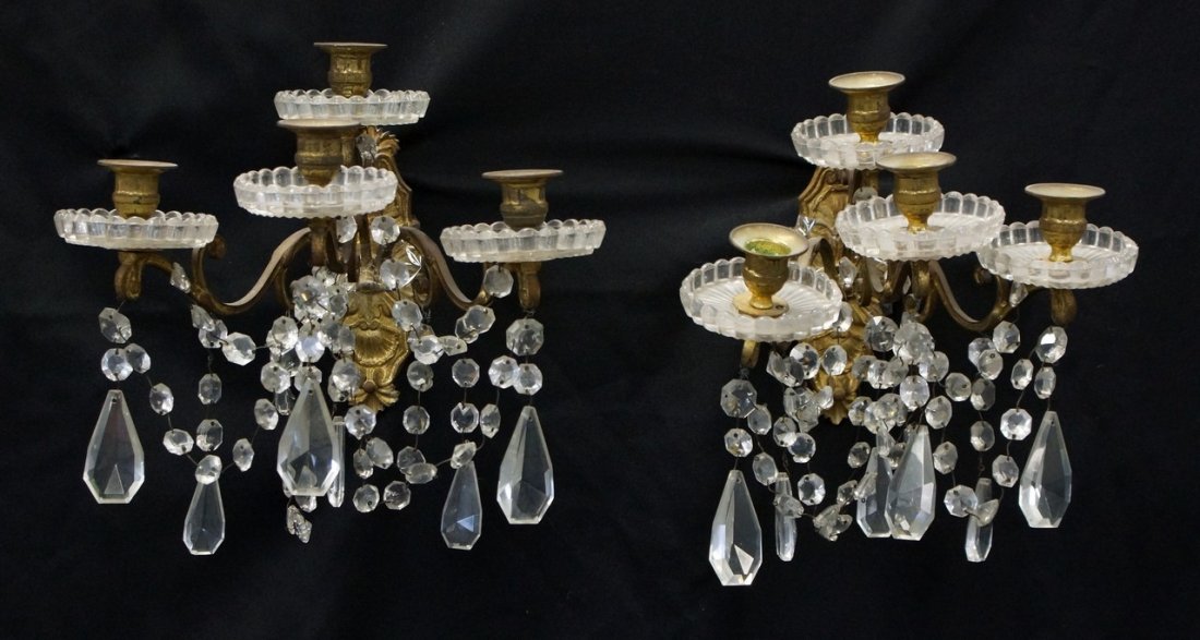 Pr 4 light crystal and brass wall sconces, 11" tall: Pr 4 light crystal and brass wall sconces, 11" tall