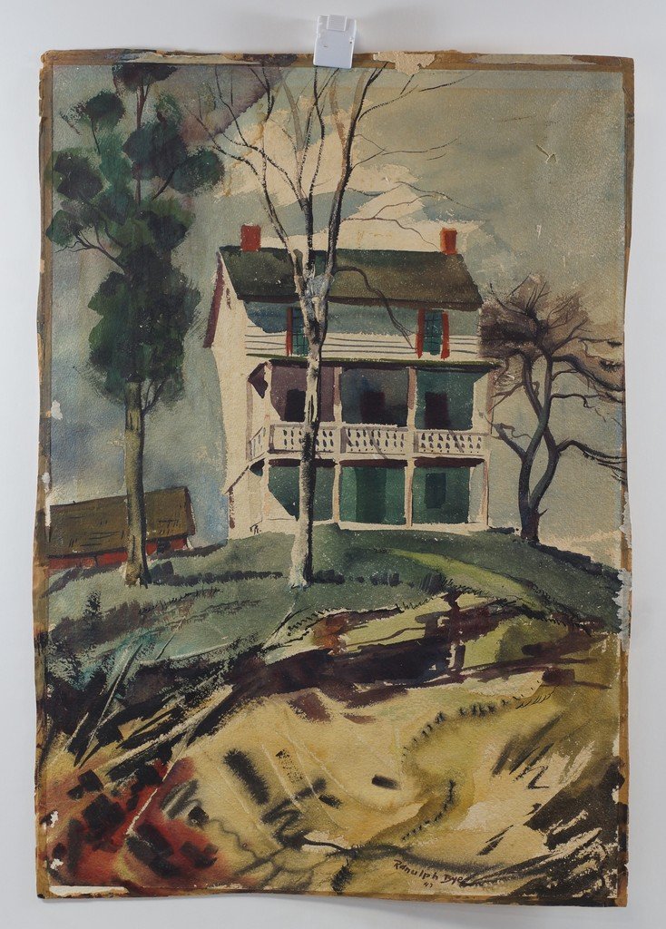 Ranulph Bye, American, 1916-2003, w/c, White Farm House: Ranulph Bye, American, 1916-2003, w/c, White Farm House with Porches, dated 1947, 22" x 14 1/2", unframed, water stain upper left corner
