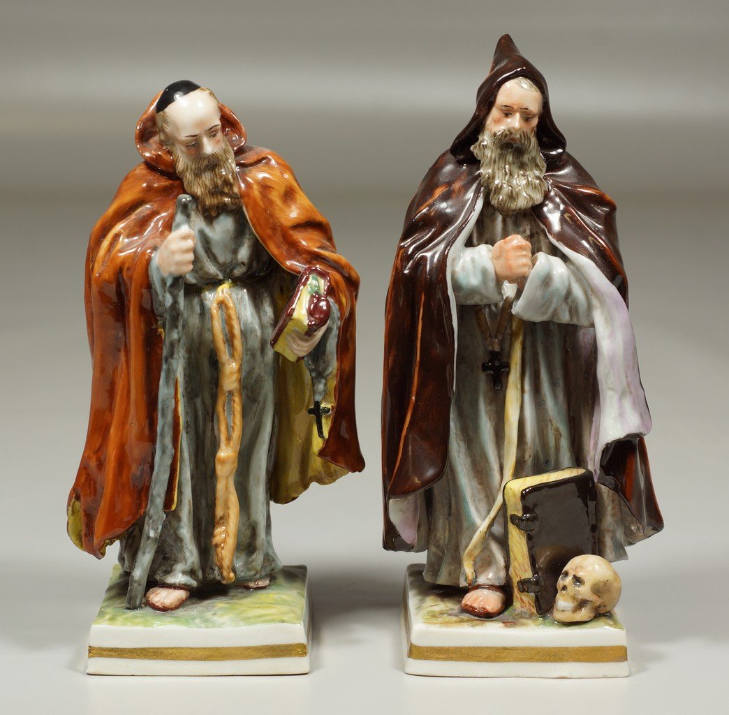 Pr Continental Porcelain Figures of Monks, marked to: Pr Continental Porcelain Figures of Monks, marked to base and rear, 6" h
