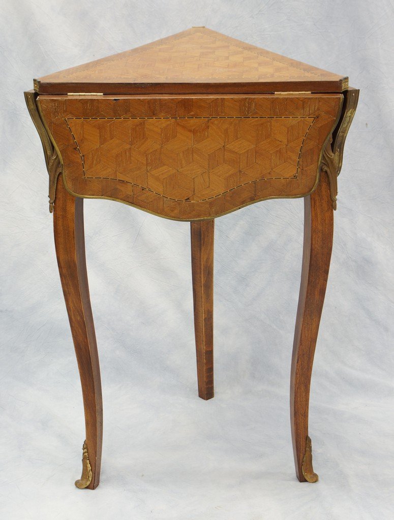 Parquet inlaid Louis XV style triangular drop leaf: Parquet inlaid Louis XV style triangular drop leaf table, bronze mounts, 20" long on the sides, 29" h, 19th/20th c