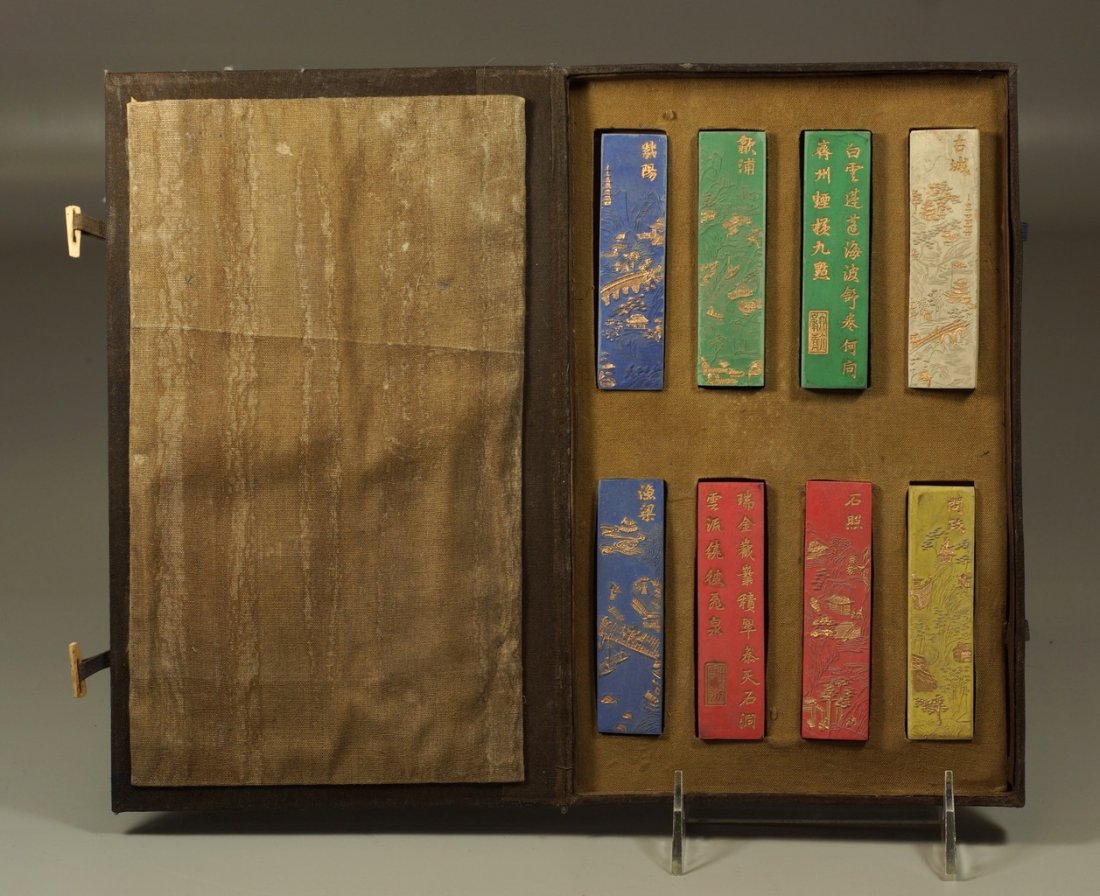 Set of 8 Chinese Ink Stones in original box, box: Set of 8 Chinese Ink Stones in original box, box measures 10-1/4" x 6-1/4", ink stone measures approx 3-1/2" x 1" x 3/8"