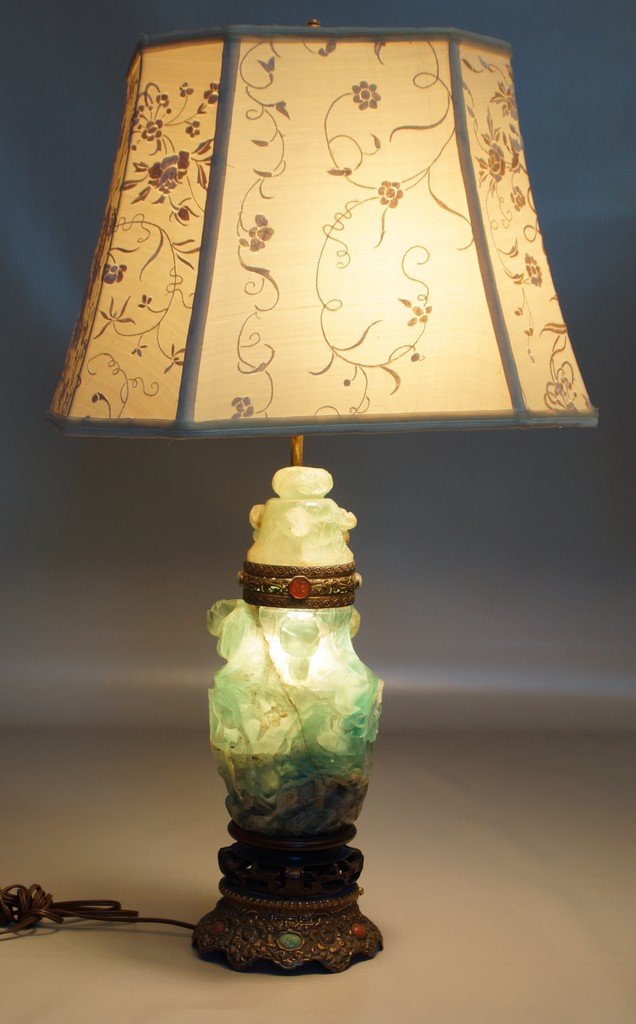 Chinese Carved Jade Quartz Urn mounted as a lamp, the: Chinese Carved Jade Quartz Urn mounted as a lamp, the base inset with Jade and Carnelian, together with a custom antique Chinese embroidered shawl made into a lamp shade, 29" to the top of the shade