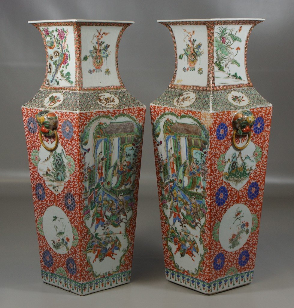 Large Pair of Famille Verte Vases with Lion Handles,: Large Pair of Famille Verte Vases with Lion Handles, alternating panels of warriors and landscape reserves with phoenix, bugs, Buddhist emblems, etc, minor chipping to rim of both, 22-1/2"