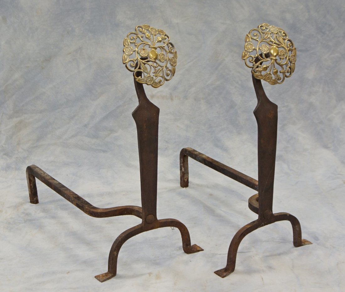Pr wrought iron and cast brass andirons, round flower: Pr wrought iron and cast brass andirons, round flower form tops, 22 1/2" h, 19th/early 20th c