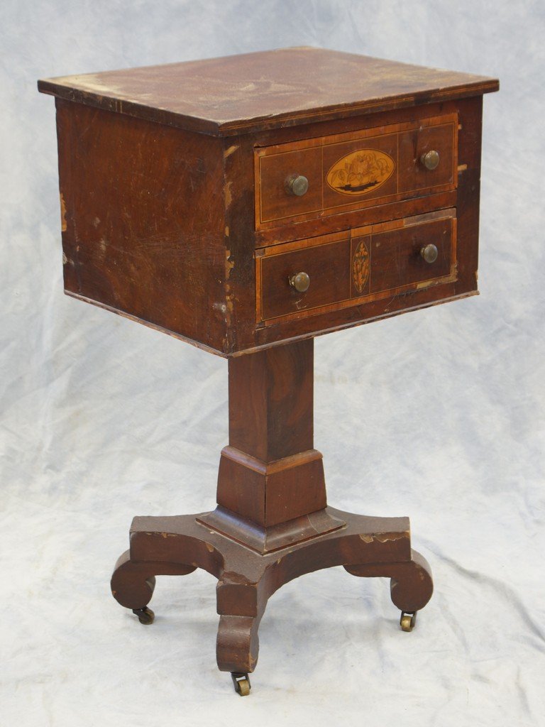 Inlaid mahogany American Federal work table, 2 banded: Inlaid mahogany American Federal work table, 2 banded drawers, floral inlaid fronts, veneer losses to banding, front, and base, 17" w, 15" d, 31 1/2" h