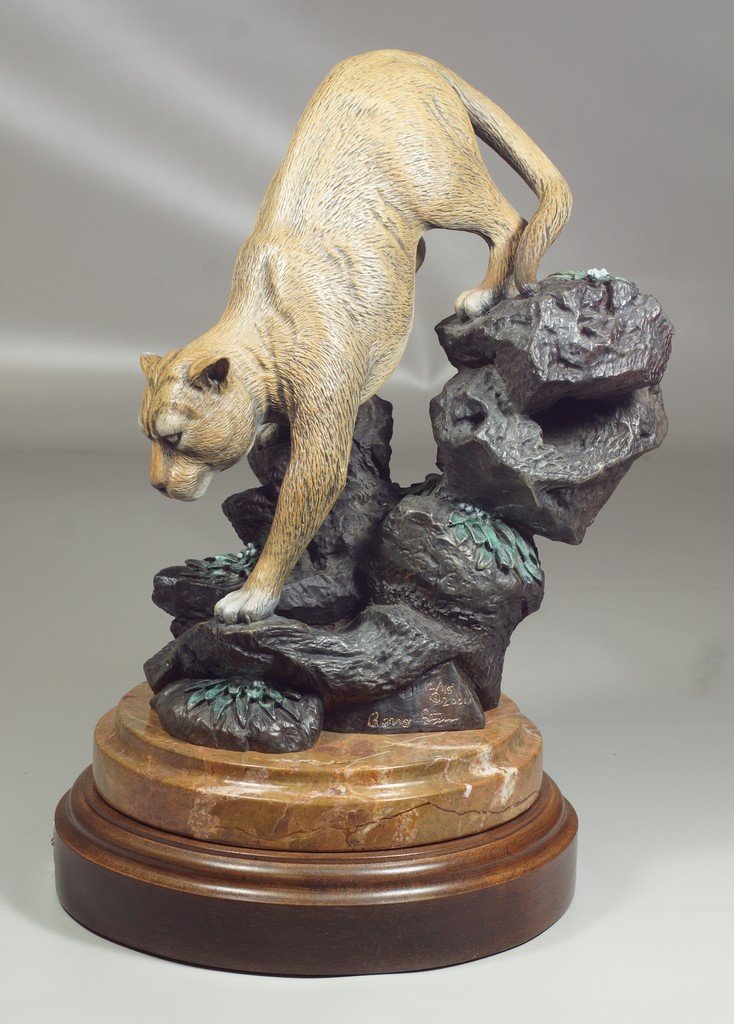 Barry Stein, bronze sculpture, Silent Descent, on: Barry Stein, bronze sculpture, Silent Descent, on marble and wood base, Edition of 45, original Cost $4500, 14 1/2" tall