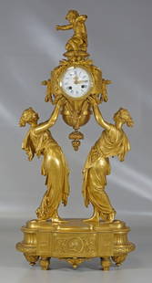 Gilt bronze figural French mantle clock, back plate of: Gilt bronze figural French mantle clock, back plate of movement and dial marked "LEMERLE CHARPENTIER Fant de BRONZES / PARIS / No 264", with Japy Freres stamp, and "LEMERLE CHARPENTIER & Cie / PARIS,