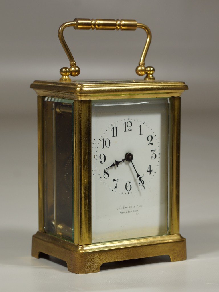 French Carriage Clock, retailed by R Smith & Sons,: French Carriage Clock, retailed by R Smith & Sons, Philadelphia, measures to top of handle 5-1/2"