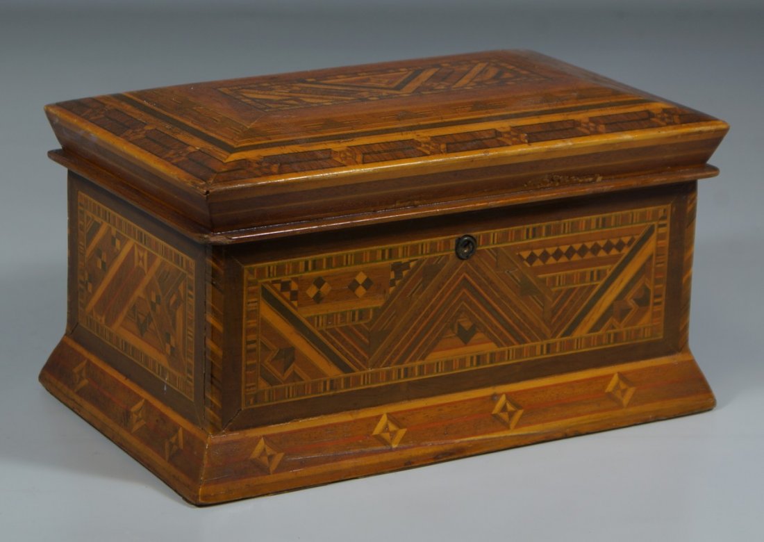 Continental inlaid jewelry box, velvet lined interior: Continental inlaid jewelry box, velvet lined interior with tray, 11" w, 6" h