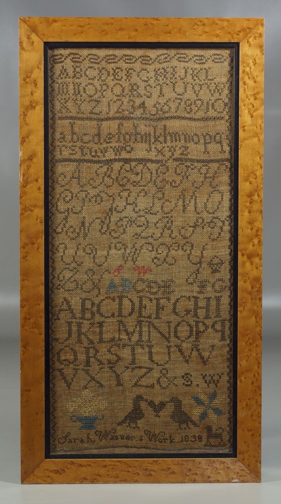 Alphanumeric needlework sampler by Sarah Wanner, 1838,: Alphanumeric needlework sampler by Sarah Wanner, 1838, lovebirds and flowers at bottom, birdseye maple frame, family provenance verso, 17 1/4" x 7 3/4" sight size