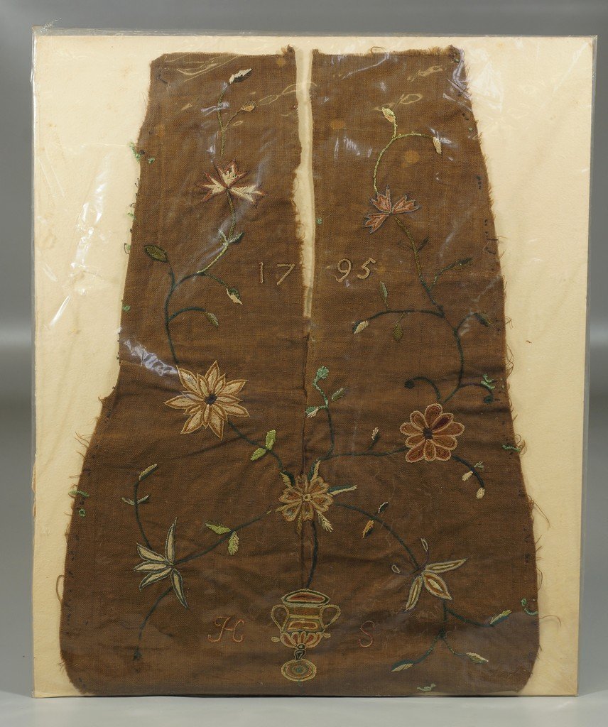18th c embroidered linen pocket, initialed HS, dated: 18th c embroidered linen pocket, initialed HS, dated 1795, found in Chester County, 16" h, 12" max width