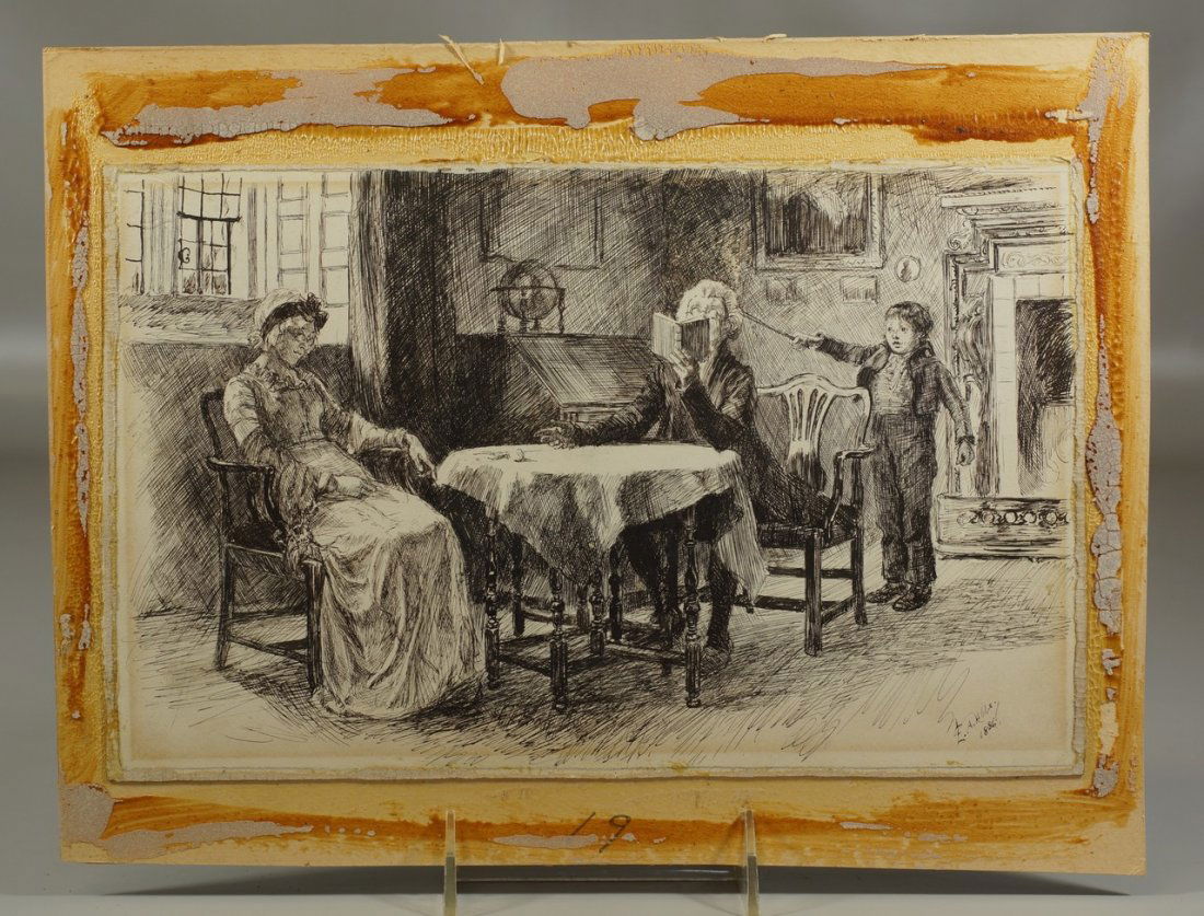 Edwin Austin Abbey, PA/NY/England, 1852-1911, pen and: Edwin Austin Abbey, PA/NY/England, 1852-1911, pen and ink on paper, Youth Teasing a Man in Parlor, signed and dated 1886, 7 1/2" x 11 3/4", laid down, in a frame with shingle back