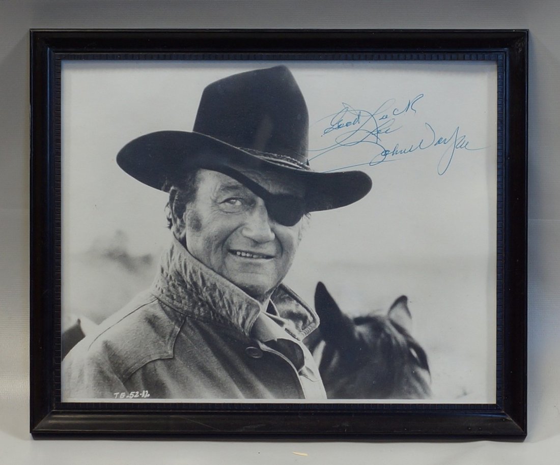 John Wayne, ink signed & inscribed photograph, "Good: John Wayne, ink signed & inscribed photograph, "Good Luck, Lee, John Wayne", Wayne in an eye patch, 7 1/2" x 9 1/2" sight size