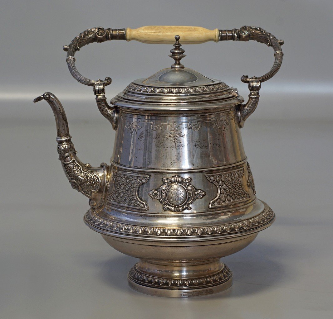 Continental 800 silver tea kettle, swing handle with: Continental 800 silver tea kettle, swing handle with birds head terminations gripping a bone handle, base marked 800M, Posen, probably by Lazarus Posen, Germany, late 19th C, 45.4 TO, 13" h