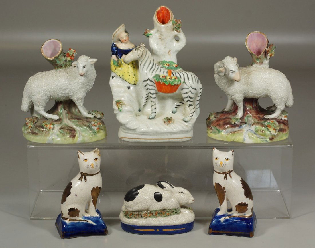 (6) Staffordshire figurines, including pair of cats, 2: (6) Staffordshire figurines, including pair of cats, 2 rams, zebra & rabbit, tallest 7"