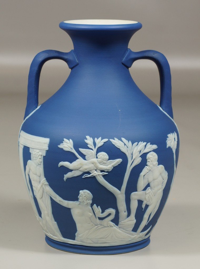 Wedgwood blue Jasperware Portland vase, marked Feb 25, 2014 William