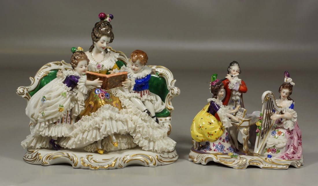 Dresden porcelain figural group, woman with 2 children: Dresden porcelain figural group, woman with 2 children on settee reading, Augustus Rex mark, Rococo base with gilt decoration, 8-1/2" l x 7-3/4" h, no damage apparent, along with another small porcela
