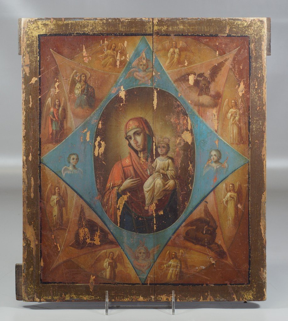 Russian Icon, Madonna and Child with angels, double: Russian Icon, Madonna and Child with angels, double sided, painted wood, the other side a saint, 15-1/2" x 13", extensive paint loss, one side cracked