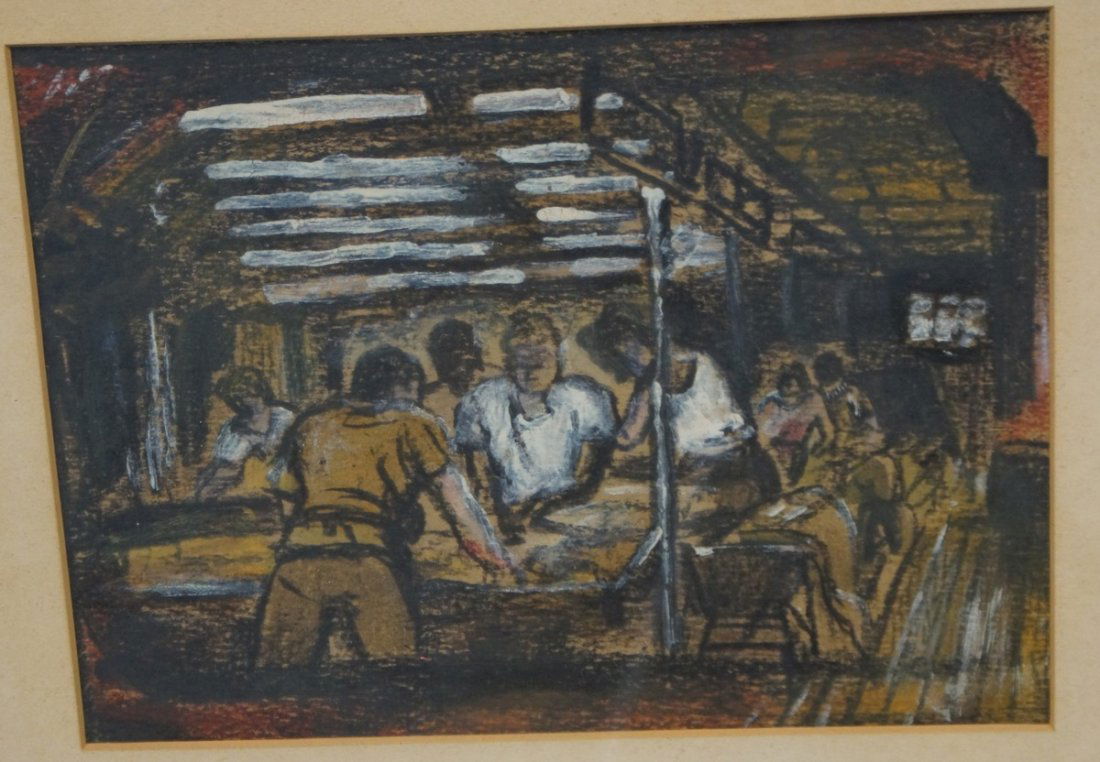Attributed to Edward Loper, American, 20th c, charcoal: Attributed to Edward Loper, American, 20th c, charcoal drawing of factory workers, 7 1/2" x 10"