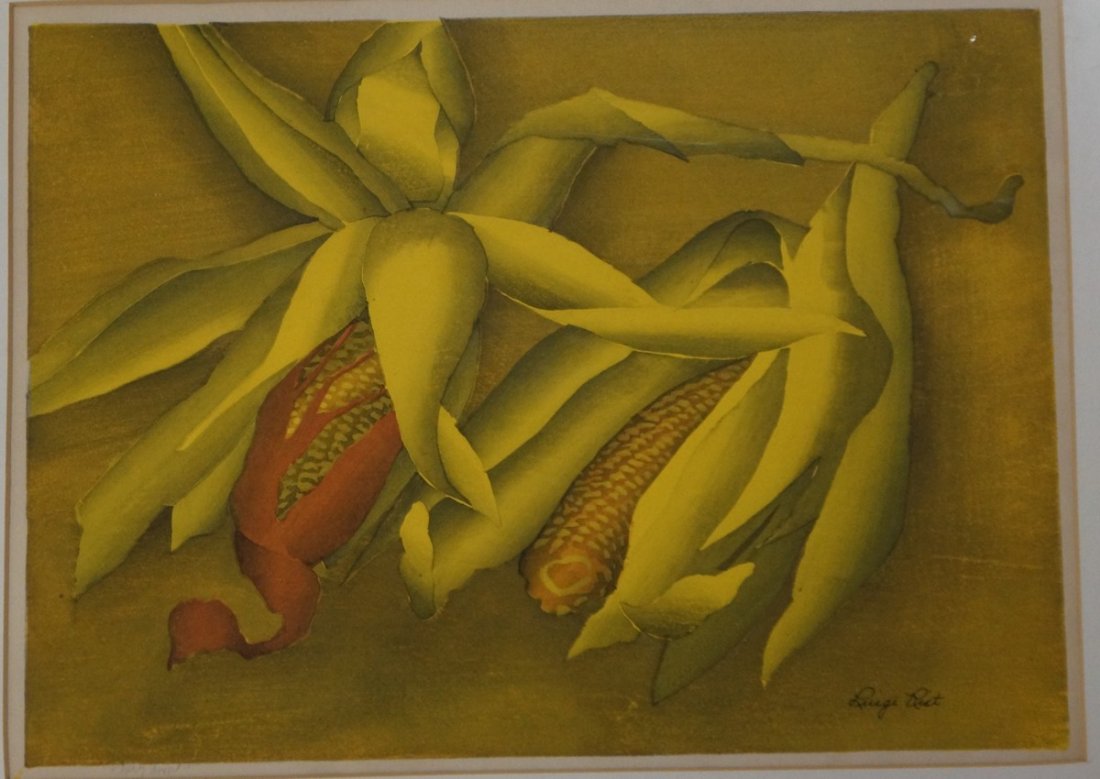 Luigi Rist, American, 1888-1959, colored woodblock: Luigi Rist, American, 1888-1959, colored woodblock print, Dry Corn, signed and titled, 9 1/2" x 13"