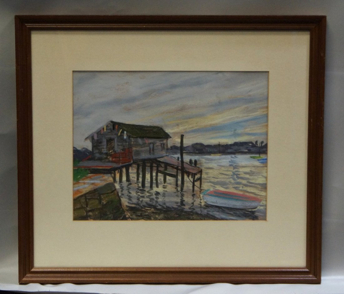 Jules Scalella, American, PA, 1895-1976, pastel, Boat: Jules Scalella, American, PA, 1895-1976, pastel, Boat tied to dock, 10 1/2" x 13 1/4"