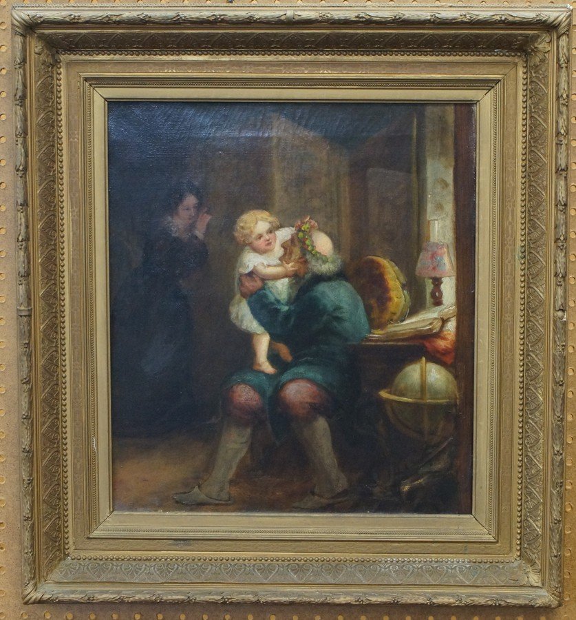 American School, 19th c, o/c, Grandfather Playing with: American School, 19th c, o/c, Grandfather Playing with Child, unsigned, 18 1/2" x 16", with partially readable stencil of "Williams, Stevens, Williams & Co / Looking Glass Ware Rooms / & Art Repositor