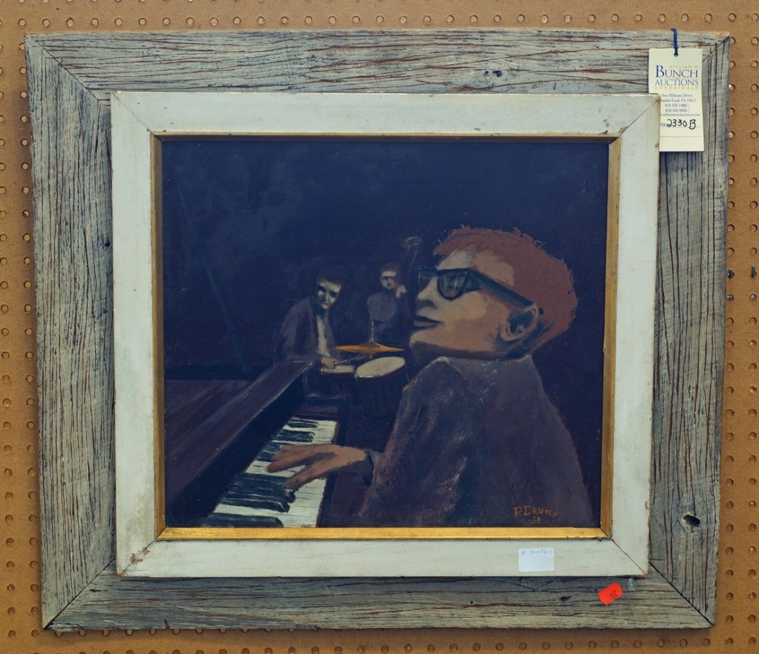 Robert Draffen, American, NY, 20th c, o/board, The Jazz: Robert Draffen, American, NY, 20th c, o/board, The Jazz Pianist, 1958, 16" x 18" sight size, barn wood frame