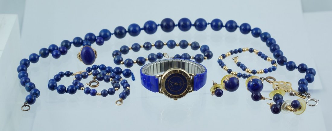 Lot lapis jewelry to include 4 bracelets, 2 w/14K: Lot lapis jewelry to include 4 bracelets, 2 w/14K catches, 4 pr earrings, all w/14K mounts, 1 pr w/small diamonds, 14K YG oval ring, 17" graduated beaded necklace w/sterling catch, 4 extra beads, Shef