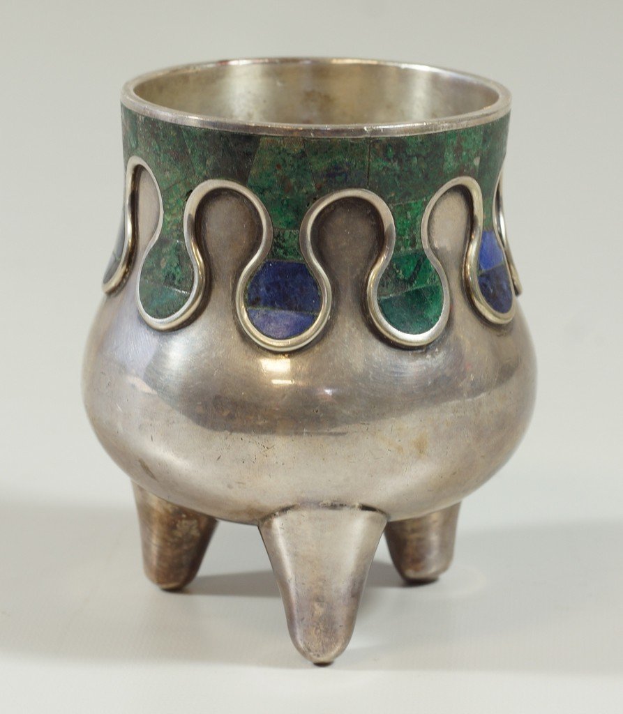 Silver Los Castillo, Taxco footed cup, azurmalachite: Silver Los Castillo, Taxco footed cup, azurmalachite inlay, stamped "Los Castillo / Taxco / Hecho a Mano Mexico / 511", 3 5/8" h, 2 5/8" d at top, 7.16 TO