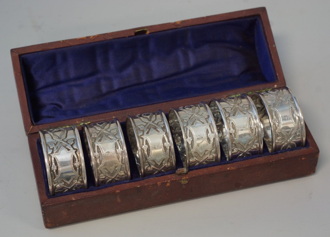 Boxed set 6 English sterling silver napkin rings,: Boxed set 6 English sterling silver napkin rings, Martin Hall & Co, Sheffield, c 1875, 5.28 TO