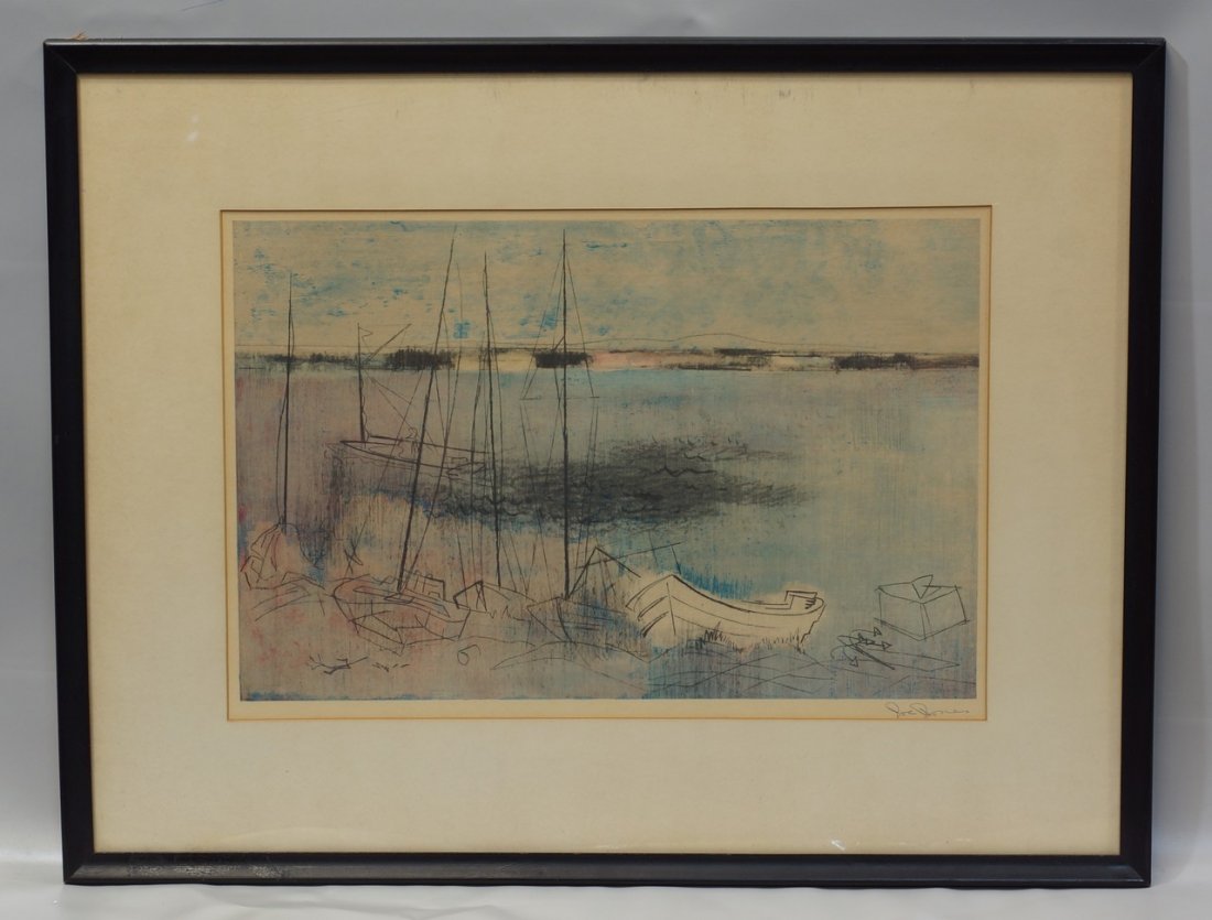Joe Jones, American, St. Louis, 1909-1963, lithograph: Joe Jones, American, St. Louis, 1909-1963, lithograph in colors, Boats in a Marsh, 11 1/2" x 18"